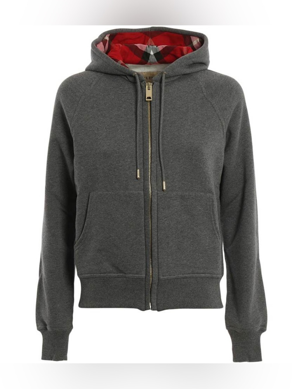 Burberry Women's Grey Zip-Up Hoodie with Plaid Lining in XS
